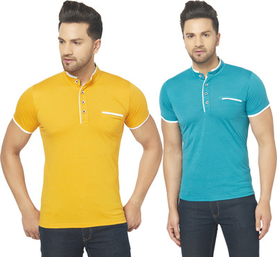 Jangoboy Solid Men Henley Neck Blue, Yellow T-Shirt