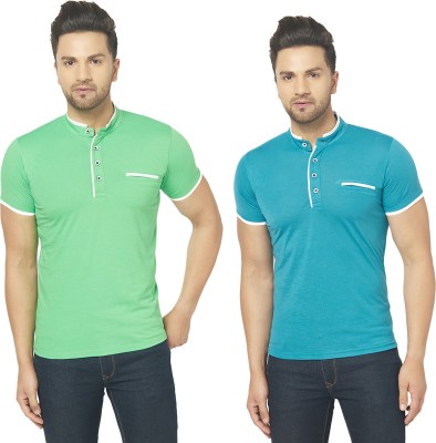 Jaskart Solid Men Mandarin Collar Green, Blue T-Shirt