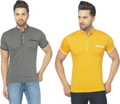 Unite Wear Solid Men Mandarin Collar Grey, Yellow T-Shirt