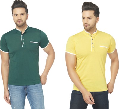 Jaskart Solid Men Mandarin Collar Green, Yellow T-Shirt