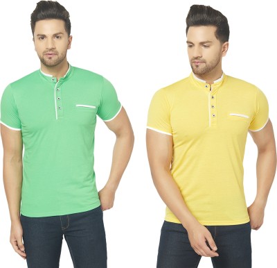 Bribzy Solid Men Mandarin Collar Light Green, Yellow T-Shirt