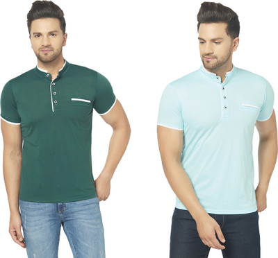 Adorbs Solid Men Mandarin Collar Light Blue, Green T-Shirt