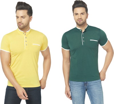 Bribzy Solid Men Mandarin Collar Dark Green, Yellow T-Shirt