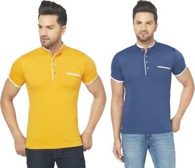 Jaskart Solid Men Mandarin Collar Blue, Yellow T-Shirt