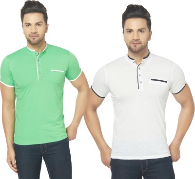 Unite Wear Solid Men Mandarin Collar White, Light Green T-Shirt
