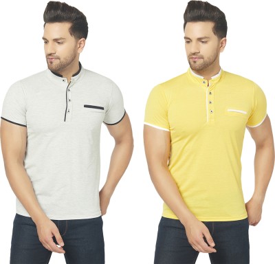 Unite Wear Solid Men Mandarin Collar Grey, Yellow T-Shirt