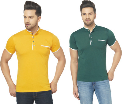 Jangoboy Solid Men Henley Neck Dark Green, Yellow T-Shirt