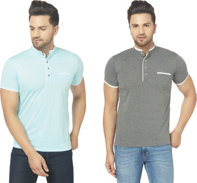 Jangoboy Solid Men Henley Neck Light Blue, Grey T-Shirt