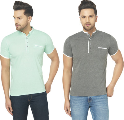 Adorbs Solid Men Mandarin Collar Grey, Light Green T-Shirt