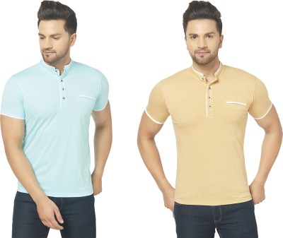 Jangoboy Solid Men Henley Neck Light Blue, Beige T-Shirt