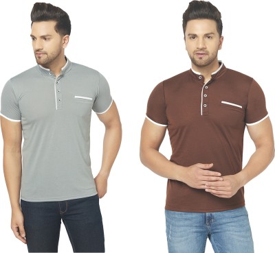 Jaskart Solid Men Henley Neck Brown, Grey T-Shirt