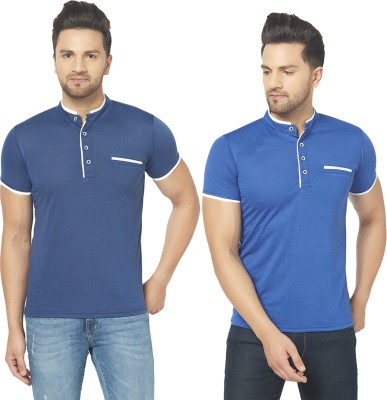 Bribzy Solid Men Mandarin Collar Dark Blue, Blue T-Shirt