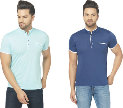 Jaskart Solid Men Mandarin Collar Light Blue, Blue T-Shirt
