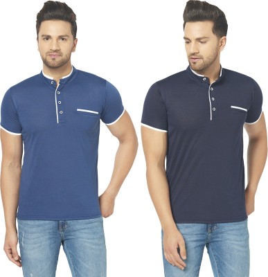 Unite Wear Solid Men Mandarin Collar Blue, Navy Blue T-Shirt