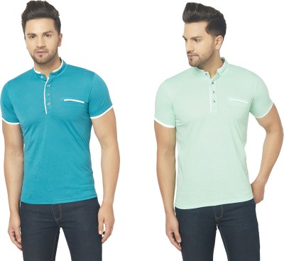 Adorbs Solid Men Henley Neck Green, Blue T-Shirt