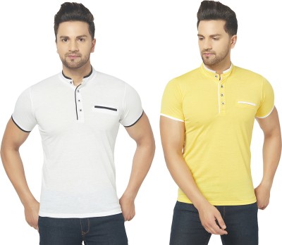 Bribzy Solid Men Mandarin Collar White, Yellow T-Shirt