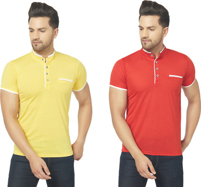 Adorbs Solid Men Henley Neck Red, Yellow T-Shirt