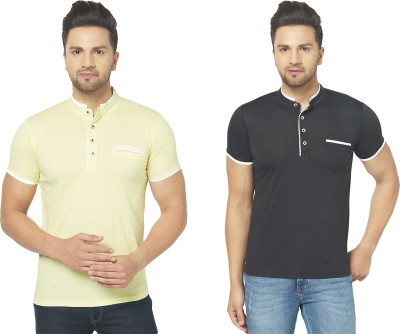 Jaskart Solid Men Henley Neck Black, Yellow T-Shirt