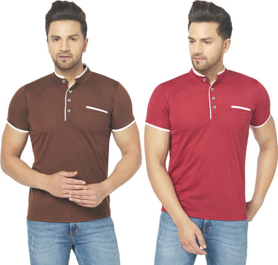 Jaskart Solid Men Henley Neck Brown, Maroon T-Shirt
