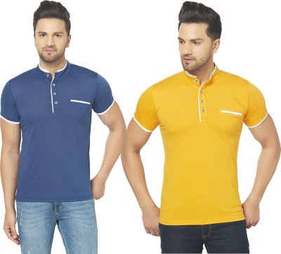 Jaskart Solid Men Henley Neck Blue, Yellow T-Shirt