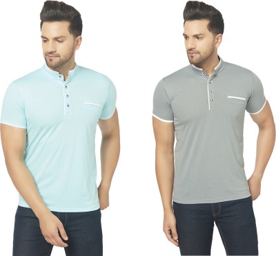 Jangoboy Solid Men Henley Neck Light Blue, Grey T-Shirt