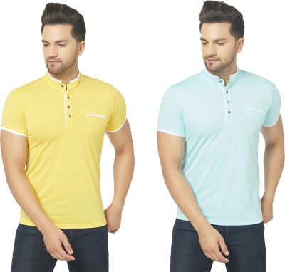 Unite Wear Solid Men Mandarin Collar Light Blue, Yellow T-Shirt