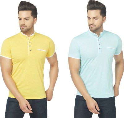 Jaskart Solid Men Mandarin Collar Light Blue, Yellow T-Shirt