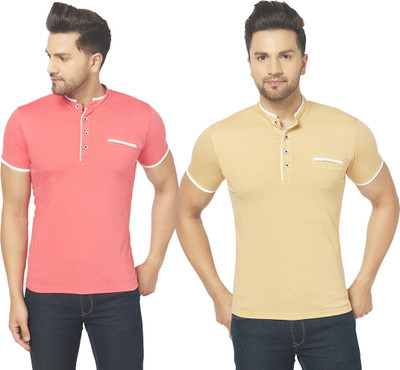 Jaskart Solid Men Henley Neck Pink, Beige T-Shirt