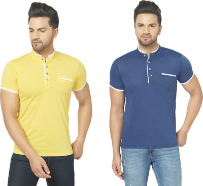 Jangoboy Solid Men Henley Neck Blue, Yellow T-Shirt