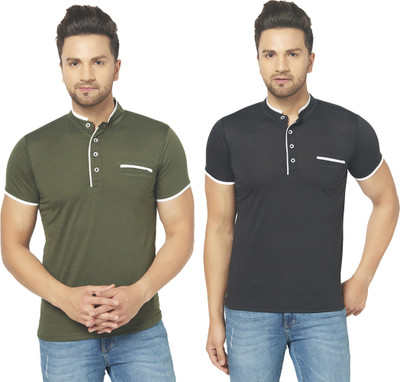 Jangoboy Solid Men Henley Neck Dark Green, Black T-Shirt