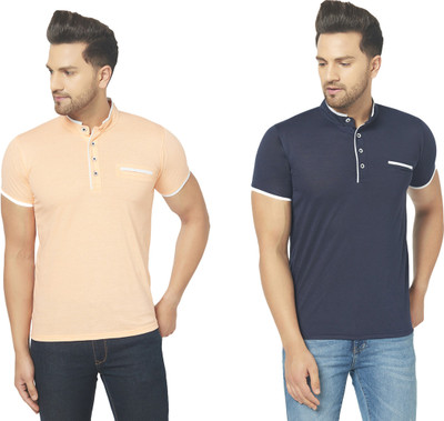 Jaskart Solid Men Mandarin Collar Blue, Orange T-Shirt