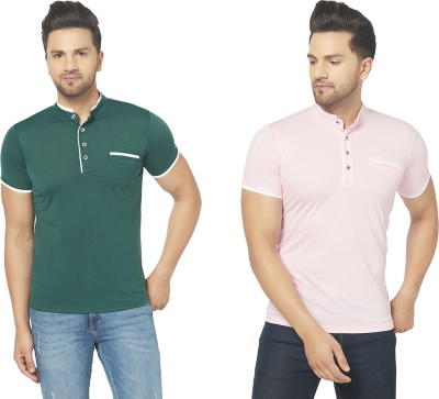 Adorbs Solid Men Mandarin Collar Green, Pink T-Shirt