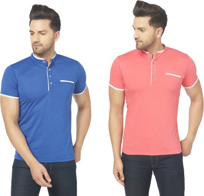 Bribzy Solid Men Mandarin Collar Blue, Pink T-Shirt