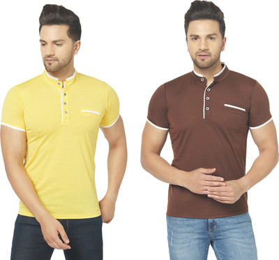Jaskart Solid Men Mandarin Collar Brown, Yellow T-Shirt