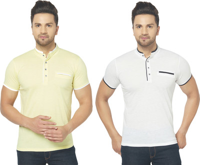 Jangoboy Solid Men Henley Neck White, Yellow T-Shirt