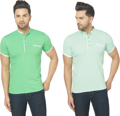 Jaskart Solid Men Mandarin Collar Green T-Shirt