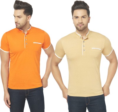 Adorbs Solid Men Henley Neck Orange, Beige T-Shirt