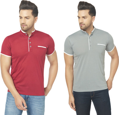 Jangoboy Solid Men Henley Neck Maroon, Grey T-Shirt