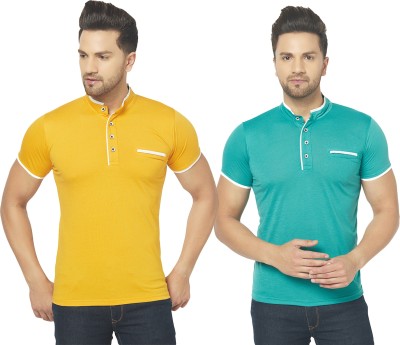 Jaskart Solid Men Mandarin Collar Green, Yellow T-Shirt