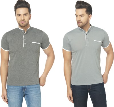 Bribzy Solid Men Mandarin Collar Grey T-Shirt