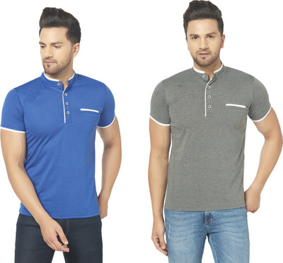 Jaskart Solid Men Henley Neck Blue, Grey T-Shirt