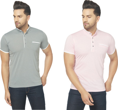 Jaskart Solid Men Henley Neck Pink, Grey T-Shirt
