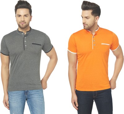 Unite Wear Solid Men Mandarin Collar Orange, Grey T-Shirt