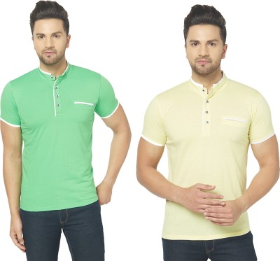 Jaskart Solid Men Mandarin Collar Green, Yellow T-Shirt