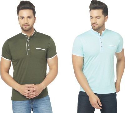 Jangoboy Solid Men Henley Neck Dark Green, Light Blue T-Shirt