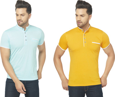 Jangoboy Solid Men Henley Neck Light Blue, Yellow T-Shirt