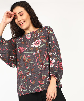 Tokyo Talkies Casual Full Sleeve Printed Women Grey Top