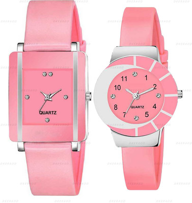 DKERAOD D+298 Slim Pink Dial Designer For Woman Fresh Fashion Set of 2 Round And Square Combo Analog Watch - For Girls DKERAOD D+298 Slim Pink Dial Designer For Woman Fresh Fashion Set of 2 Round And Square Combo Analog Watch - For Girls
