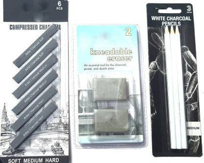 Sabahz Trading SOFT/MEDIUM/HARD COMPRESSED CHARCOAL STICKS , 2 PCS OF KNEADABLE ERASER , 3PC WHITE CHARCOAL PENCIL SET COMBO SKETCHING KIT FOR PROFESSIONAL ARTISTS