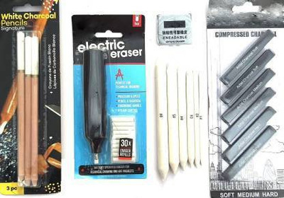 Sabahz Trading WHITE CHARCOAL PENCIL SET , ELECTRIC ERASER , BLENDING PAPER STUMP, KNEADED ERASER, COMPRESSED CHARCOAL STICKS SKETCHING COMBO SET FOR PROFESSIONAL ARTISTS